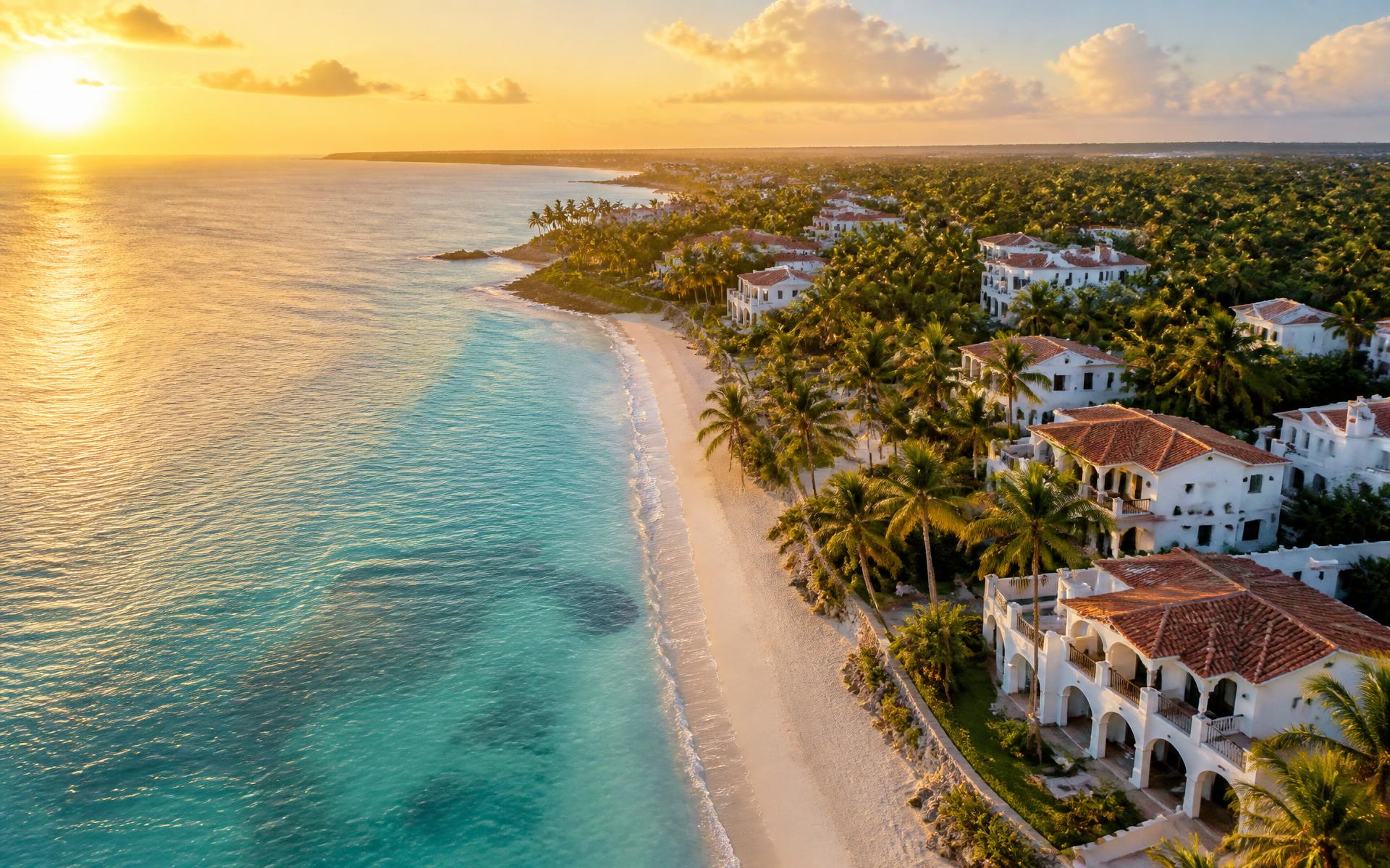 Vue aérienne d'une plage de République dominicaine avec résidences haut de gamme